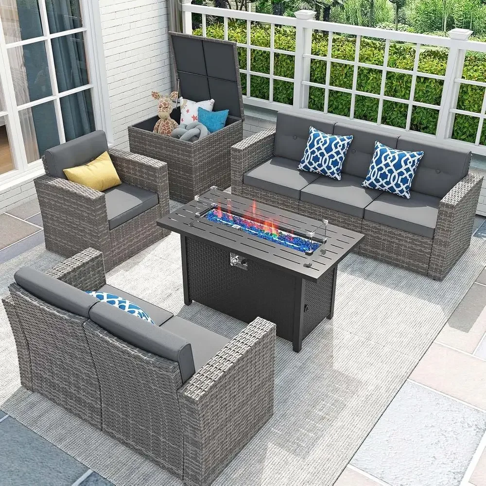 Outdoor Furniture With Fire Pit Table - 8-Piece Patio Furniture Set with 45