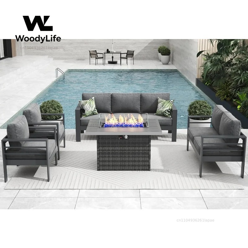 L5 Pieces Modern Aluminum Pati - Outdoor Furniture With Fire Pit Table recension och pris