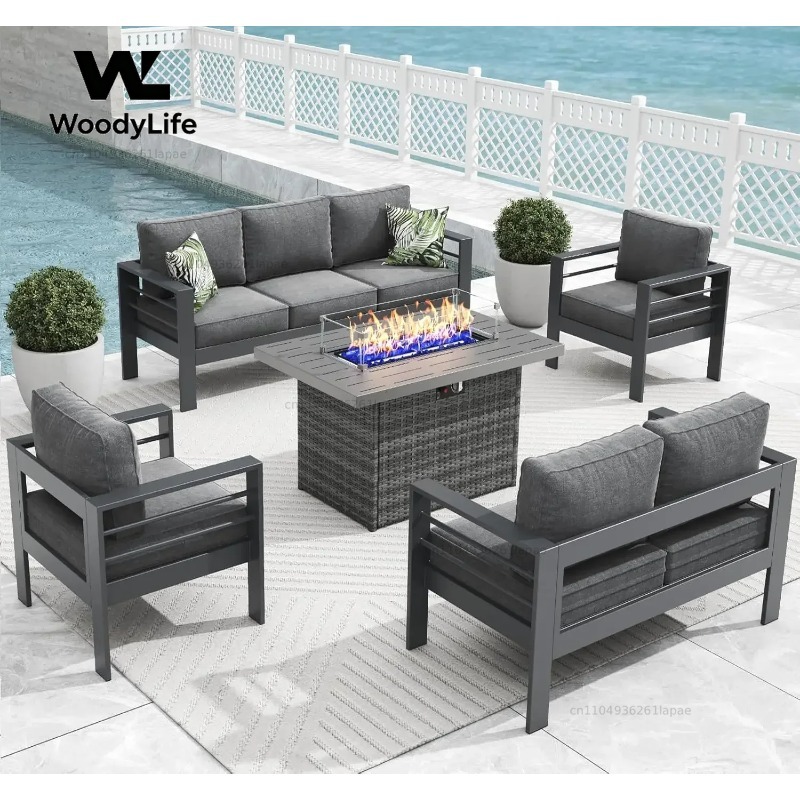 L5 Pieces Modern Aluminum Pati - Outdoor Furniture With Fire Pit Table recension och pris