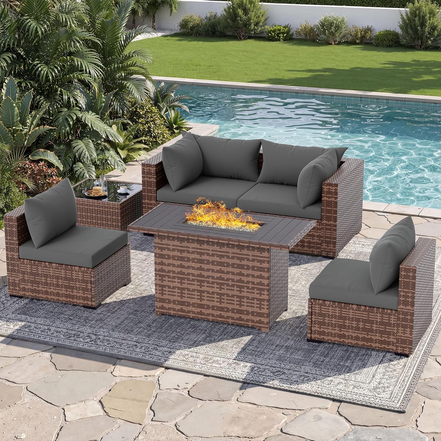 5-Piece Outdoor Sectional Sofa - Outdoor Furniture With Fire Pit Table recension och pris