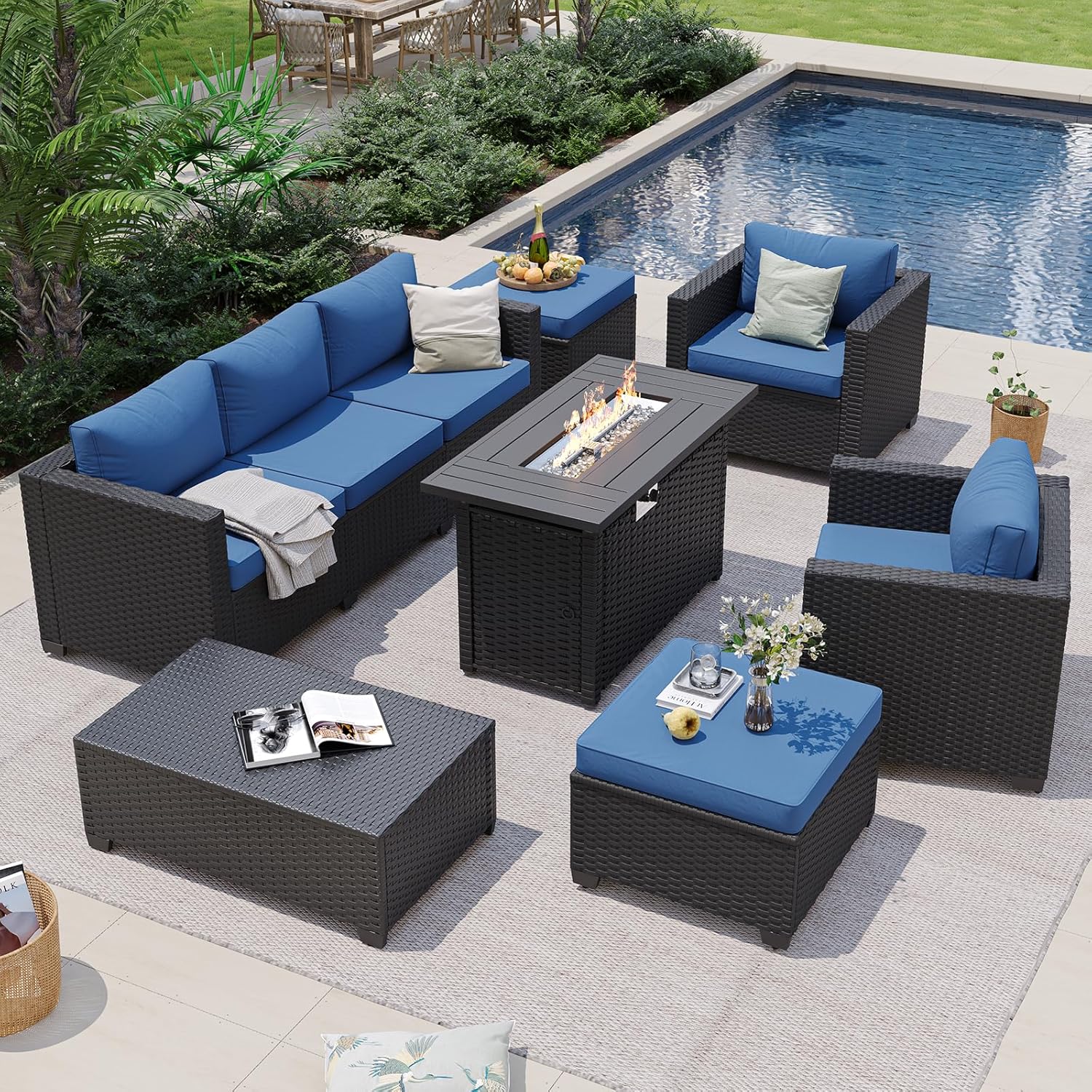 Navy Blue Outdoor Sectional So - Outdoor Furniture With Fire Pit Table recension och pris
